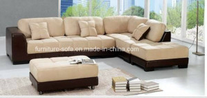 Brown Wood Frame Corner Leather Sofa with Ottoman (S066)