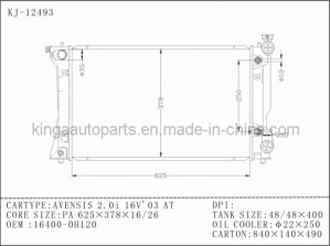 Cooler Auto Radiator for Avenssis 2.0I 16v' 03 at