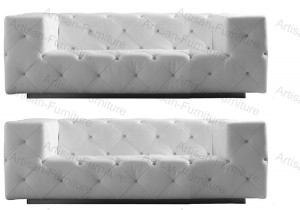 Double Seat White Fur Leather Sofa with Crystal Tuft Buttons