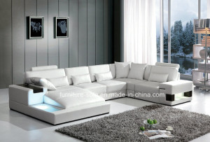 High Back White Sectional Leather Sofa with Table and Light (S072)