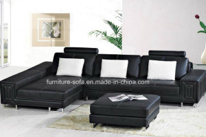 L Shape Black with Cushions Leather Sofa with Ottoman (S048)