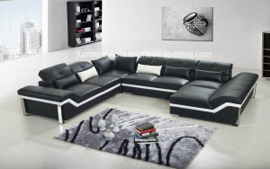 Modern Living Room Wood Frame Big Leather Sofa with Table (S069)