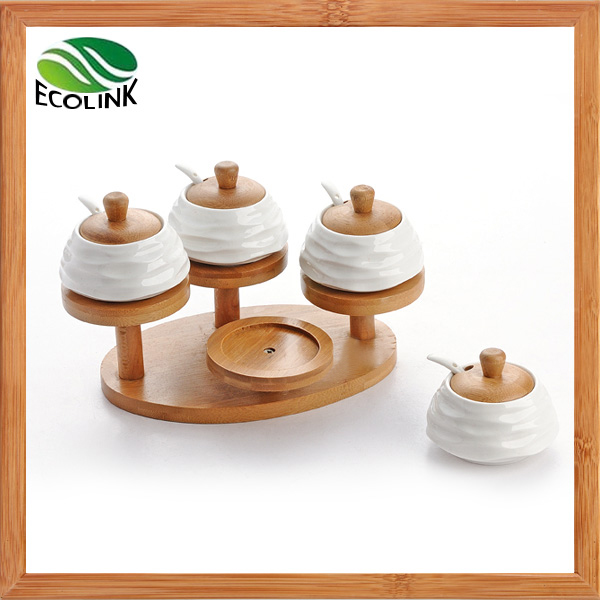 4 Pieces Ceramic Spice Pot Set with Bamboo Stand