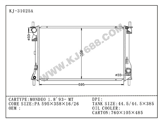 Auto Radiator for Mondeo 1.8'93 MT (KJ-31025A)