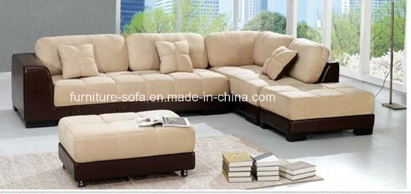Brown Wood Frame Corner Leather Sofa with Ottoman (S066)