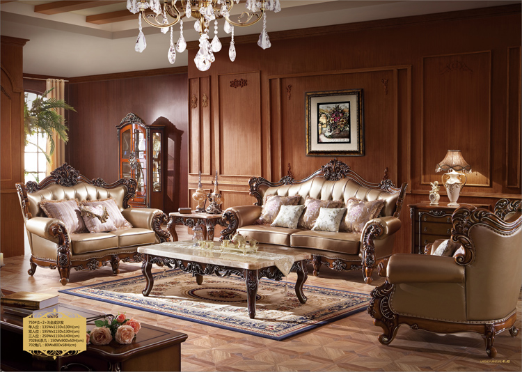 Classical Italian Teak Wood Leather Sofa Wooden Carving (LF-750)