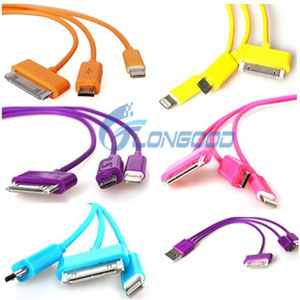 Colorful 3 In1 USB Charging Cable for iPhone 5 4s 4 Samsung HTC 7 Olors with Ios 7
