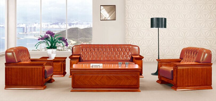 Office Brown Genuine Leather Sofa Set Design with Wood Frame (HY-S948)